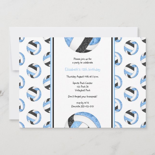 blue black volleyball birthday team sports party invitation (Front)