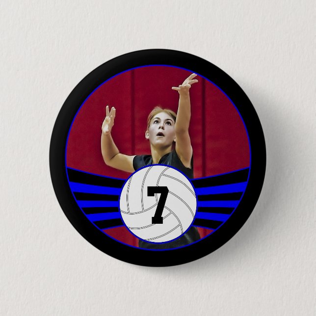 Blue & Black Volleyball Photo and Jersey Number 6 Cm Round Badge (Front)