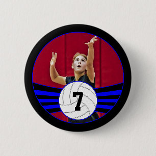 Blue & Black Volleyball Photo and Jersey Number 6 Cm Round Badge