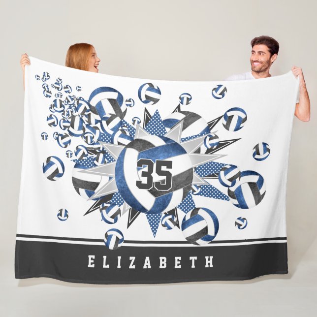 blue black volleyballs stars girls sports room fleece blanket (In Situ)