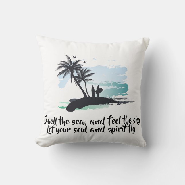 Blue Black Watercolor palm tree, bird ocean Summer Cushion (Front)