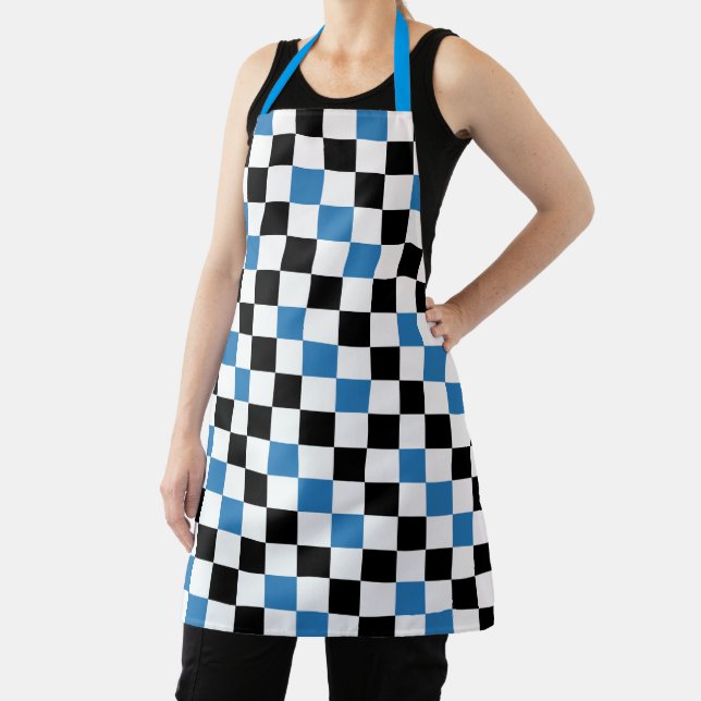 Blue Black White Checkered Pattern Design  Apron (Insitu)