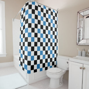Blue Black White Chequered Pattern Design  Shower Curtain