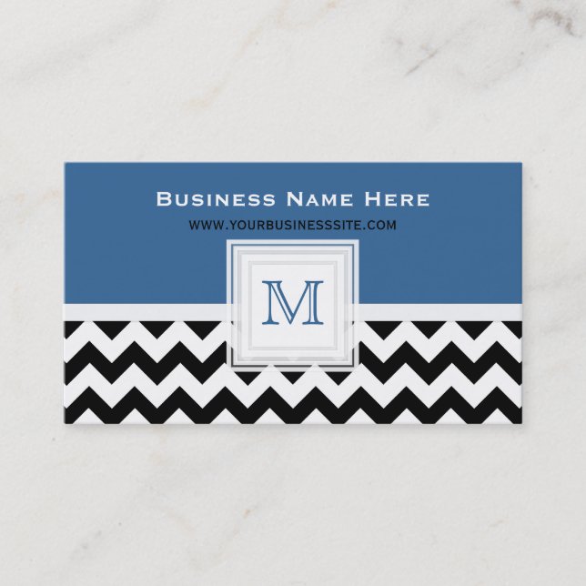 Blue Black White Chevron: Monogram Business Card (Front)