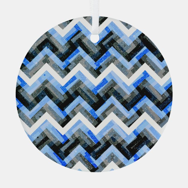 Blue Black White Chevron Textured Glass Tree Decoration (Back)