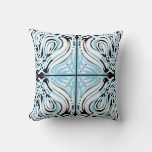 Blue Black White Curly Abstract Pattern Cushion
