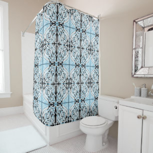 Blue Black White Curly Abstract Pattern  Shower Curtain