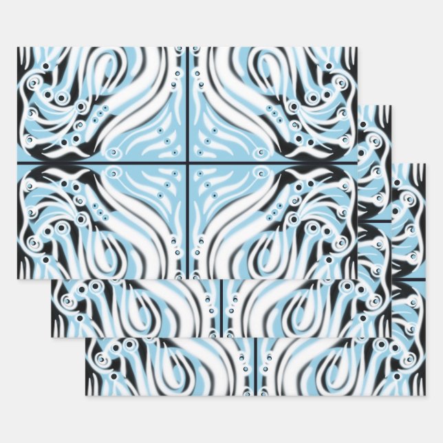 Blue Black White Curly Abstract Pattern  Wrapping Paper Sheet (Set)
