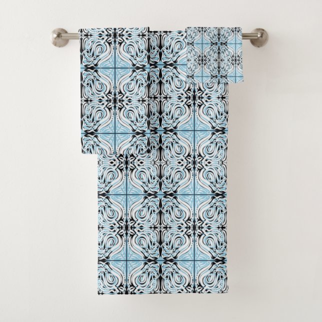Blue Black White Curly Abstract Repeat Pattern  Bath Towel Set (Insitu)