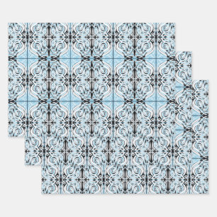 Blue Black White Curly Abstract Repeat Pattern  Wrapping Paper Sheet