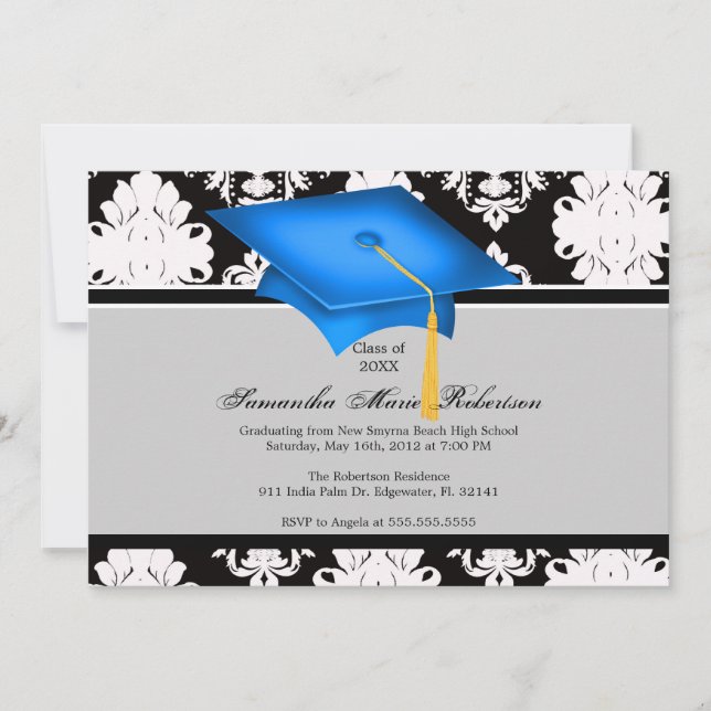 Blue, Black, White, Custom Graduation Invitation (Front)