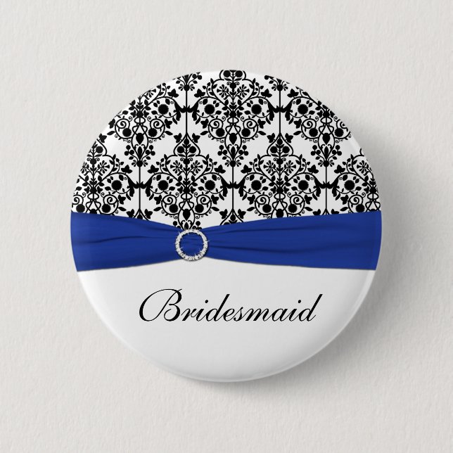 Blue Black White Damask Bridesmaid Pin (Front)