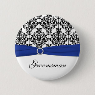 Blue Black White Damask Groomsman Pin