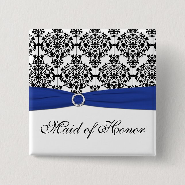 Blue Black White Damask Maid of Honour Pin (Front)