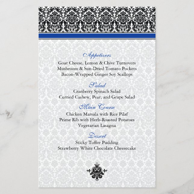 Blue, Black, White Damask Menu Card (Front)