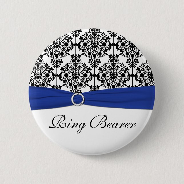 Blue Black White Damask Ring Bearer Pin (Front)