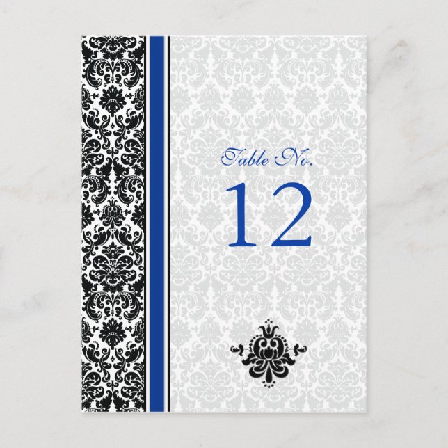 Blue, Black, White Damask Table Number Card (Front)