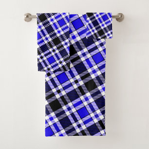 Blue Black White Flannel Tartan Pattern Design Bath Towel Set