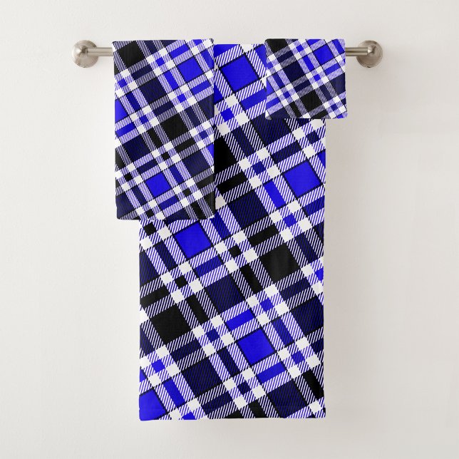 Blue Black White Flannel Tartan Pattern Design  Bath Towel Set (Creator Uploaded)