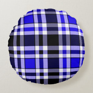 Blue Black White Flannel Tartan Pattern Design Round Cushion