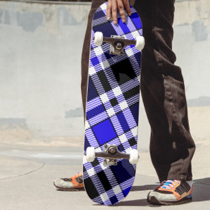 Blue Black White Flannel Tartan Pattern Design  Skateboard