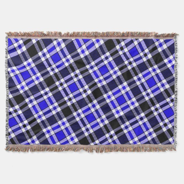 Blue Black White Flannel Tartan Pattern Design  Throw Blanket (Front)