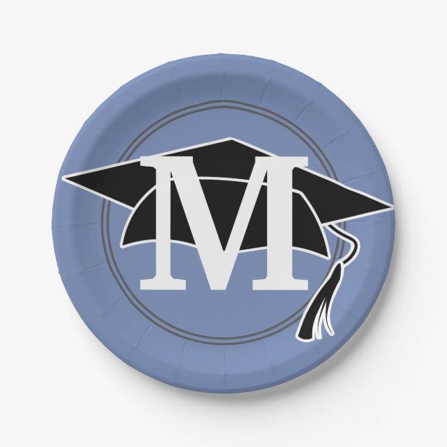 Blue Black White Graduation Cap Monogram Initial Paper Plate (Front)