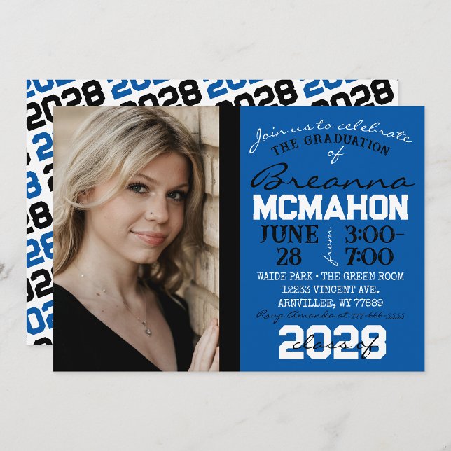 Blue, Black & White Graduation Photo Invitation (Repeating Class Year 1 & 2 Photo Graduation Invitations & Announcements)