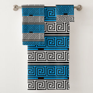 Blue Black White Greek Key Fret Pattern Design  Bath Towel Set