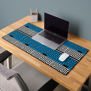 Blue Black White Greek Key Fret Pattern Design Desk Mat