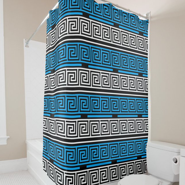 Blue Black White Greek Key Fret Pattern Design  Shower Curtain (Creator Uploaded)