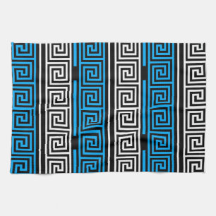 Blue Black White Greek Key Fret Pattern Design  Tea Towel