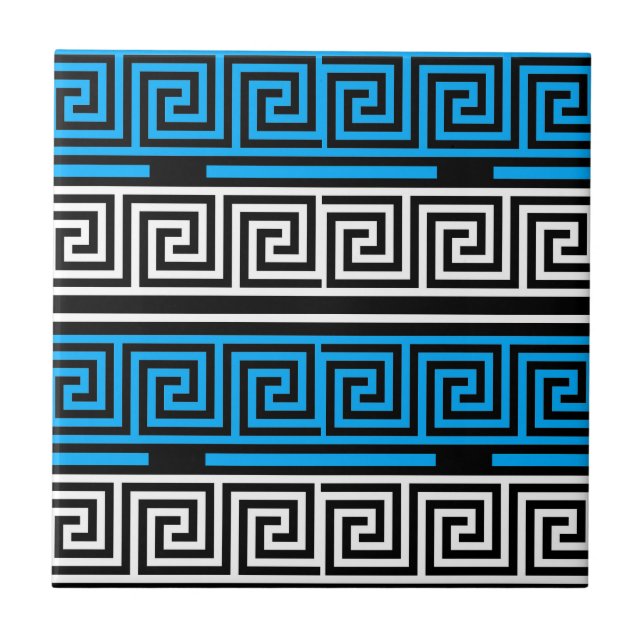 Blue Black White Greek Key Fret Pattern Design  Tile (Front)