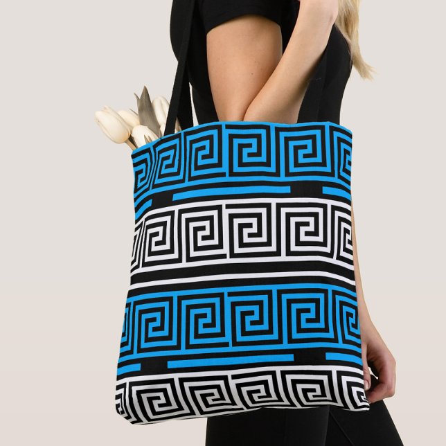 Blue Black White Greek Key Fret Pattern Design  Tote Bag (Creator Uploaded)