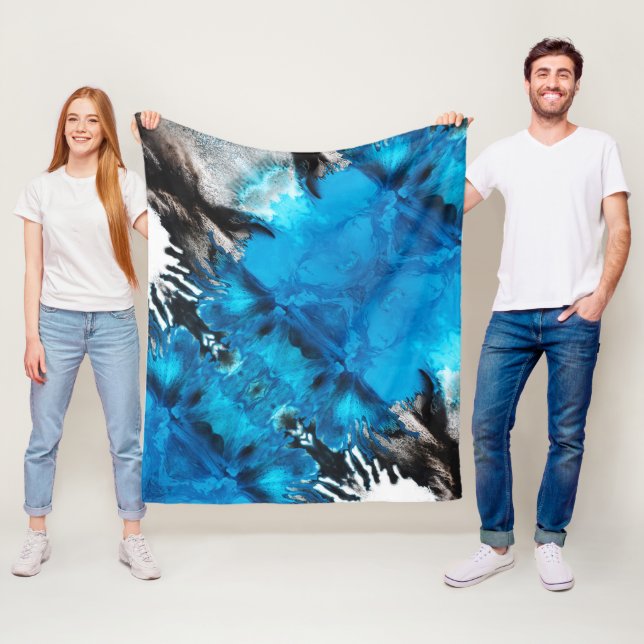 Blue Black White Grey Colour Paint Splash Abstract Fleece Blanket (In Situ)