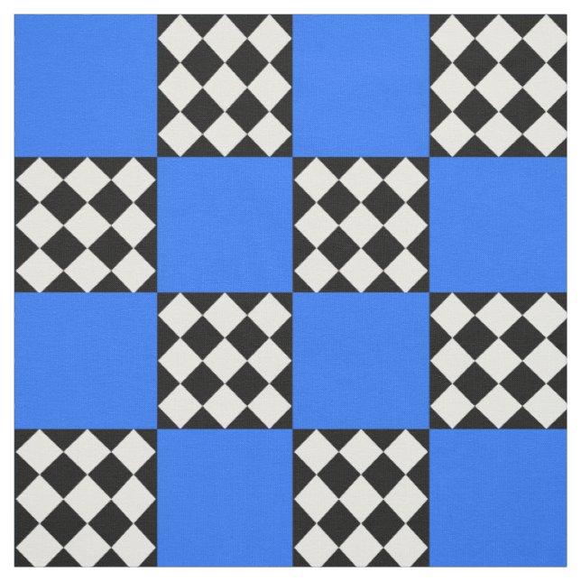 Blue Black White Harlequin Square Shape Textile Fabric (Swatch)