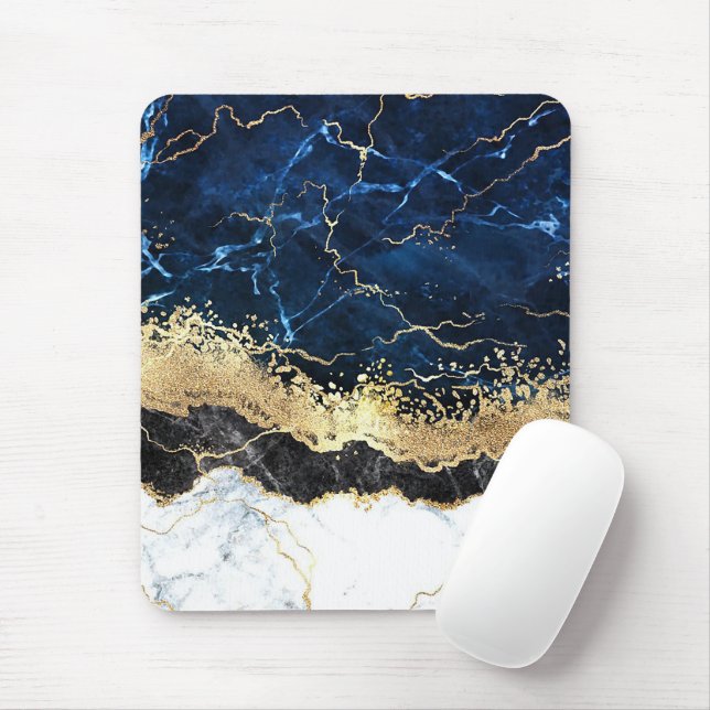 Blue Black White Marble Glam Mouse Pad (With Mouse)