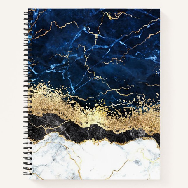 Blue Black White Marble Glam Notebook (Front)