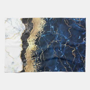 Blue Black White Marble Glam Tea Towel