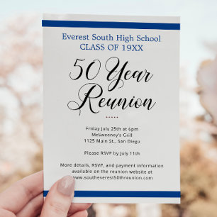 Blue Black White Minimalist 50 Year Class Reunion Invitation
