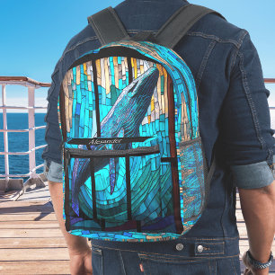 Blue Black White Orka Whale Stain Glass look Printed Backpack