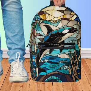 Blue Black White Orka Whale Stain Glass look Printed Backpack