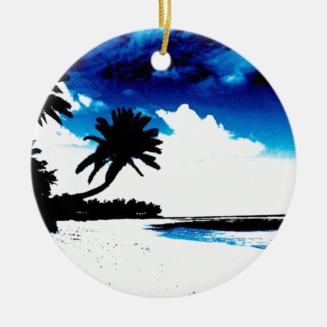 Blue Black White palm Tree Silhouette Ceramic Tree Decoration (Front)