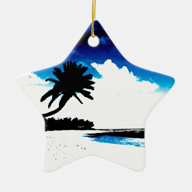 Blue Black White palm Tree Silhouette Ceramic Tree Decoration (Front)