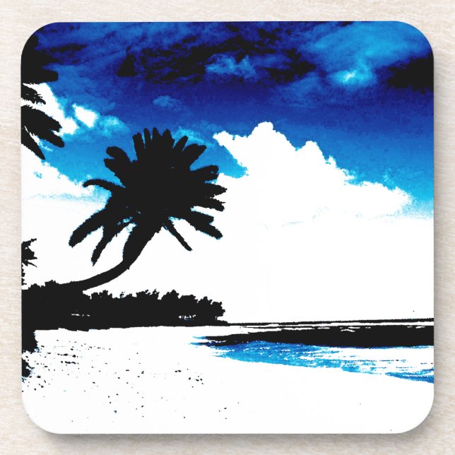 Blue Black White palm Tree Silhouette Coaster (Front)