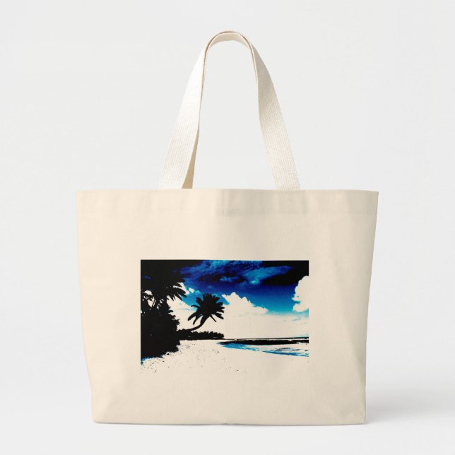 Blue Black White palm Tree Silhouette Large Tote Bag (Front)
