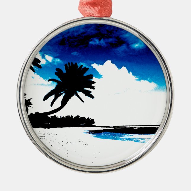Blue Black White palm Tree Silhouette Metal Tree Decoration (Front)