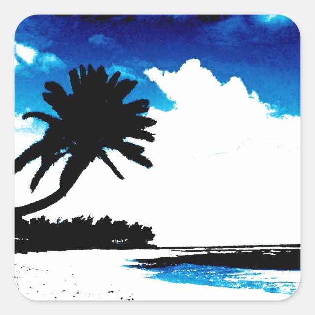 Blue Black White palm Tree Silhouette Square Sticker (Front)