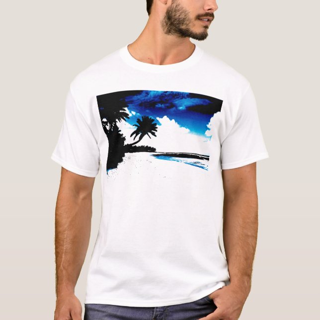 Blue Black White palm Tree Silhouette T-Shirt (Front)