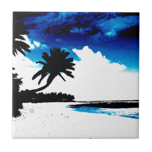Blue Black White palm Tree Silhouette Tile